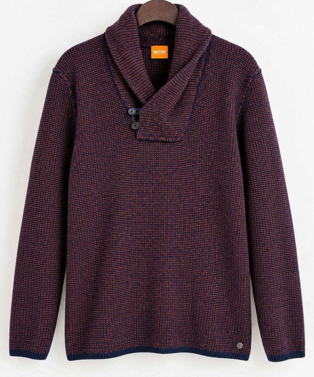 BOSS Hugo Boss XXL 100% Virgin Wool Shawl Collar Sweater Navy Burgundy Mens
